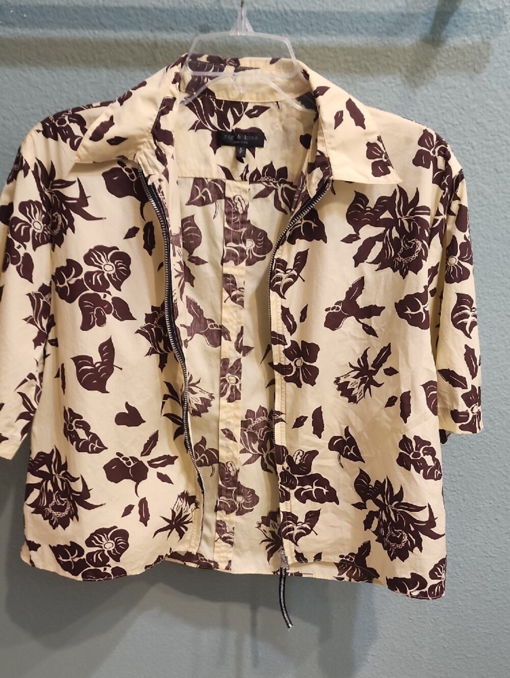 rag & bone Junie Zip Shirt Pale Yellow with Brown Floral Print Size Small - Picture 8 of 8